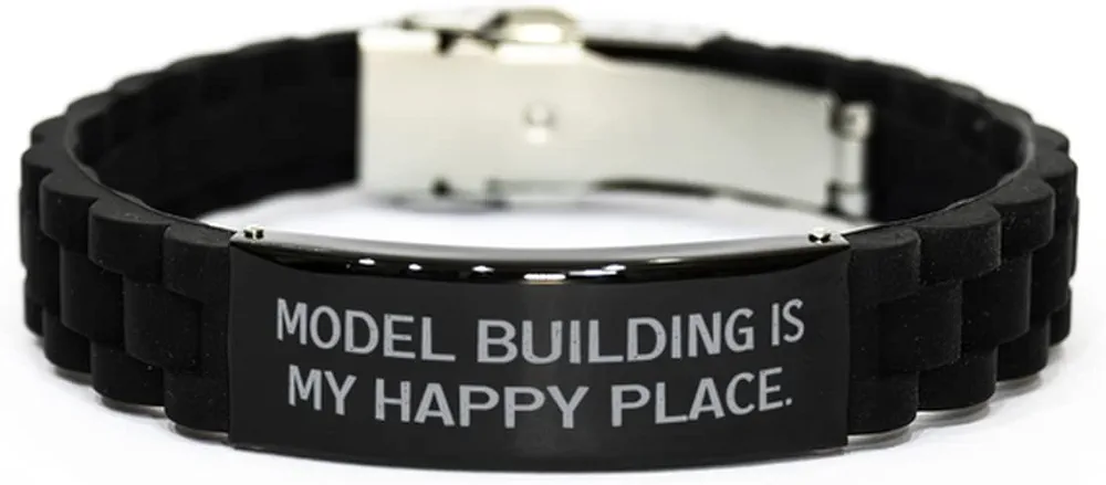 Beautiful Model Building Gifts, Model Building is My Happy Place, Model Building Black Glidelock Clasp Bracelet from Friends, Jokes, Funny Gifts, Construction Toys, Engineering Toys