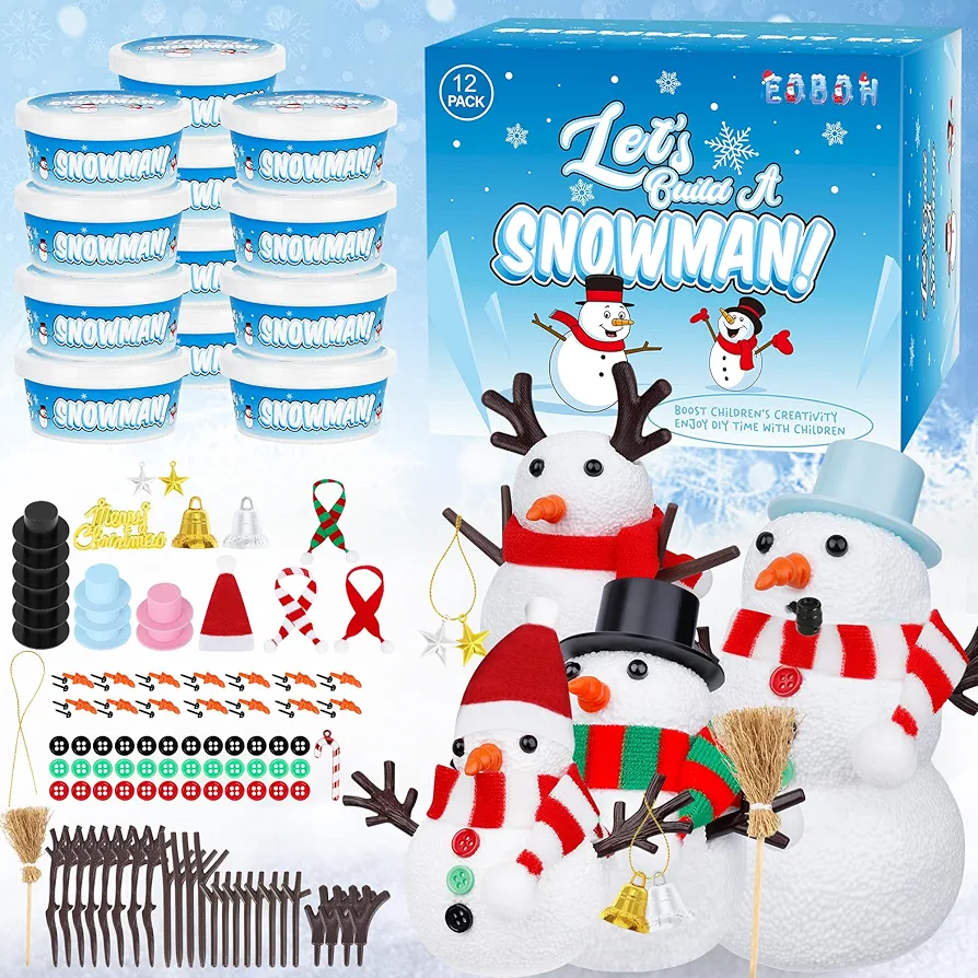 12 Pack Christmas Craft, DIY Snowman Kit for Kids, Build a Snowman Kit Indoor Decorations, Creative Kids Air Dry Modeling Clay, Xmas Activities Snowman Making Kit Toys for Holiday Favor Supplies