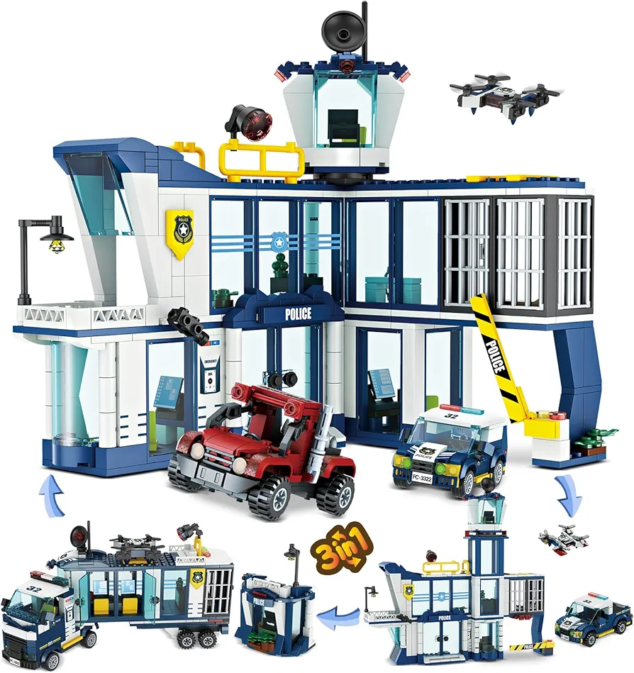 City Police Station STEM Building Sets, Compatible with Lego Police Car, Bandit Car, and Surveillance Drone, Building Kit for Kids, 699 PCS Best Gift for 6 7 8 9 10 Boys