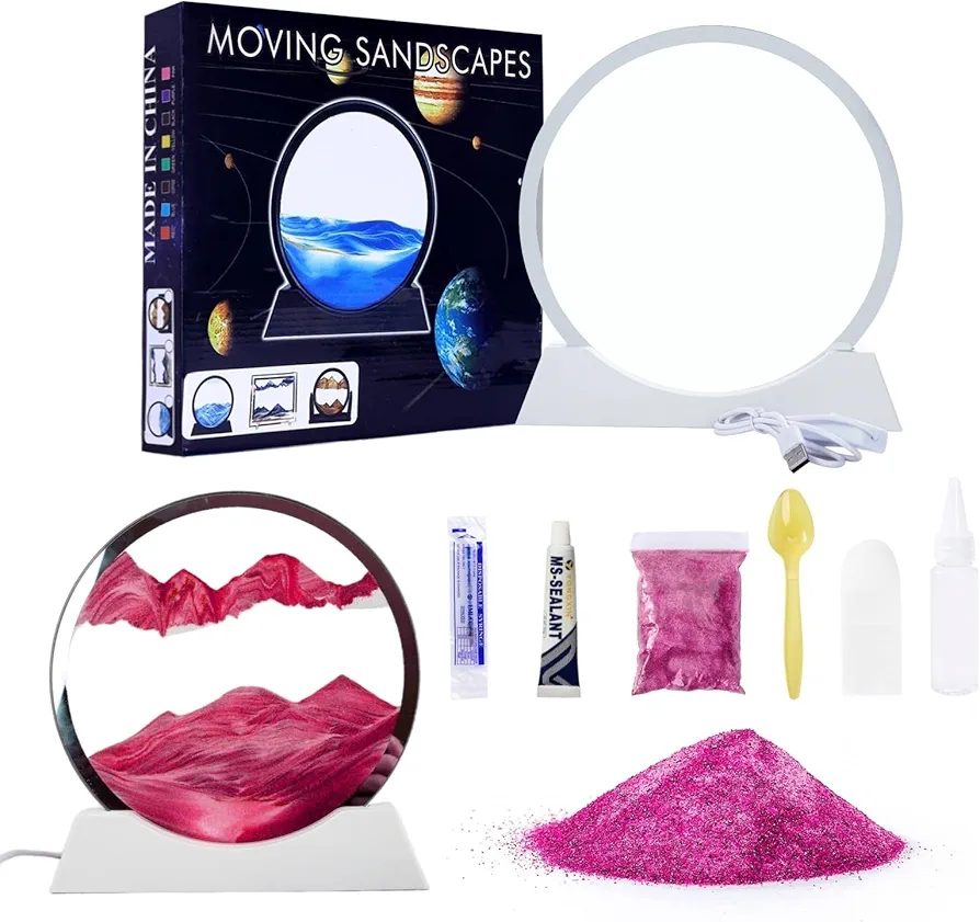 OLHKYN DIY Moving Sand Art Picture in Motion Kit,Round Glass 3D Deep Sea Landscape, Dynamic Sand Art Sandscapes, Relaxing Decor Craft Kit for Kids Adults(Pink,12inch)