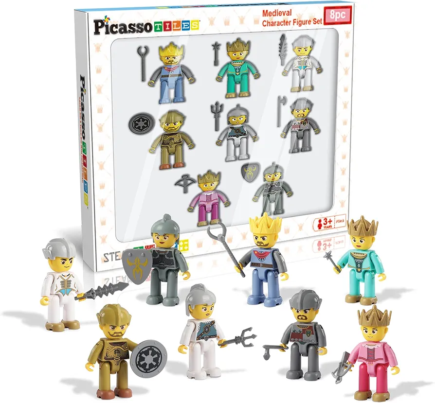 Picasso Toys Magnetic Action Figures 8 Piece Medieval King and Knights Character for Building Blocks Tiles Construction Toddler Toy Set Magnets Expansion Pack Educational STEM Pretend Playset PTA13