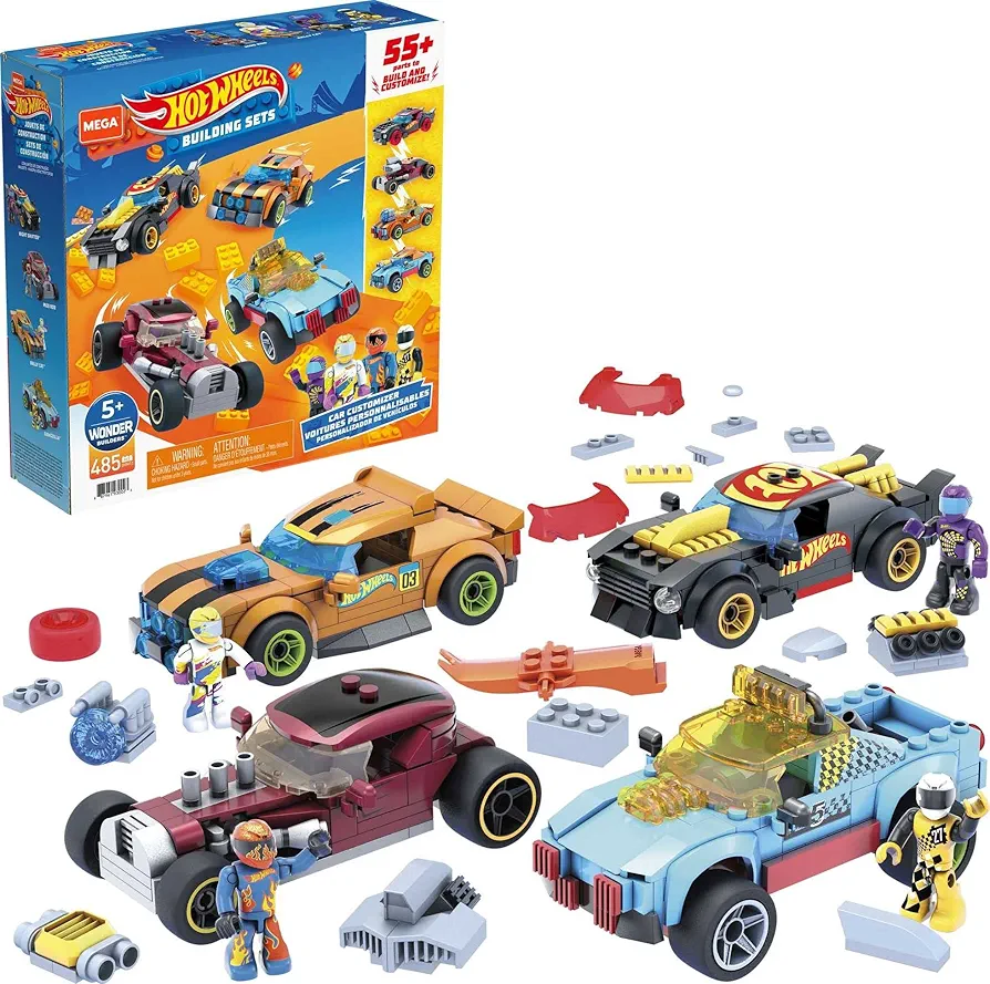 Mega Hot Wheels Race Car Building Toys, Car Customizer Includes Rally Cat, Dawgzilla, Night Shifter, Mod Rod and 4 Micro Action Figure Drivers