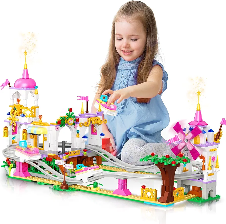 HOGOKIDS Friend Roller Coaster Building Set - 711 Pieces Girls Amusement Park Building Block Kit STEM Playground Park Pink Construction Birthday Gift Toys for Kids Girls Boys Aged 6 7 8 9 10 11