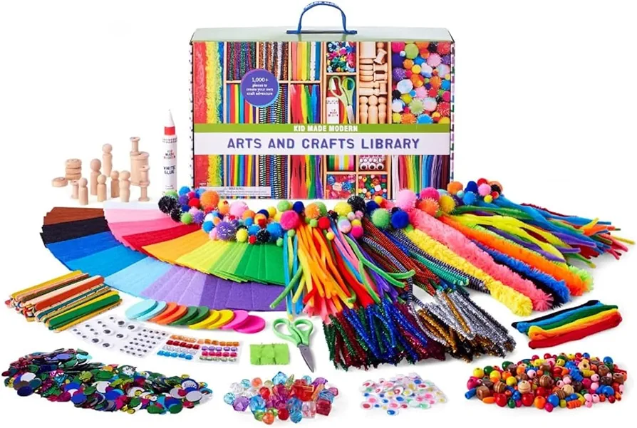 Kid Made Modern Arts and Crafts Kit - A DIY 1000+ Piece Hobby Craft Supplies & Materials Box for Creative Art Projects for Kids Ages 4 5 6 7 8 9 10 11 & 12 Year Old Girls & Boys