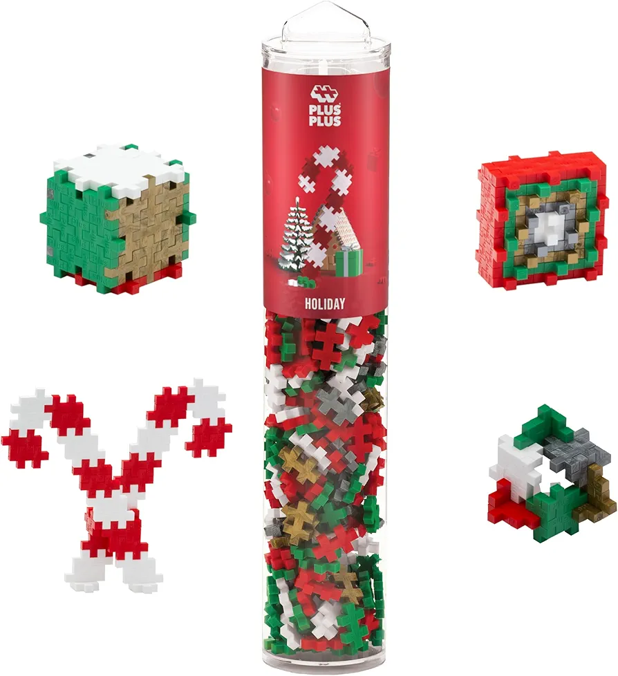 Plus-Plus: Open Play Tube - Holiday Mix - 240 Pieces - Festive Colors, Construction Building STEM Toy, Interlocking Mini Puzzle Blocks, Kids Age 5+