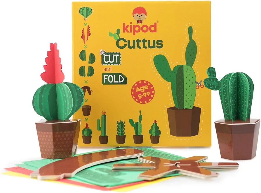 kipod Cuttus Cactus Creation Kit Cut and Fold Papercraft Set for Boys and Girls Ages 5+ – Features Five Varieties and Sizes of Cacti Plant – Montessori Inspired Arts & Crafts – Easy Assembly