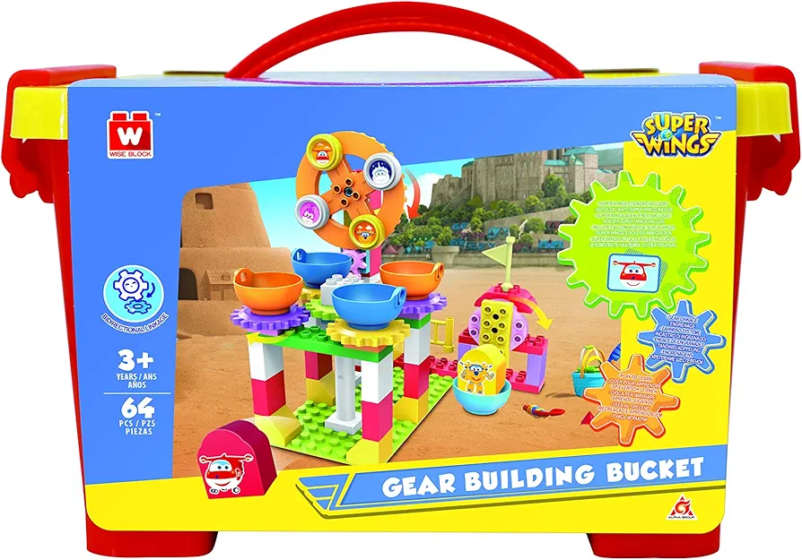 Super Wings - Medium Blocks Play Set - Gear Building Bucket - Building Blocks for 3 4 5 Year Old Boys and Girls - Birthday Gift for Kids - Educational Stem Building Kit - Airplane Stickers Included