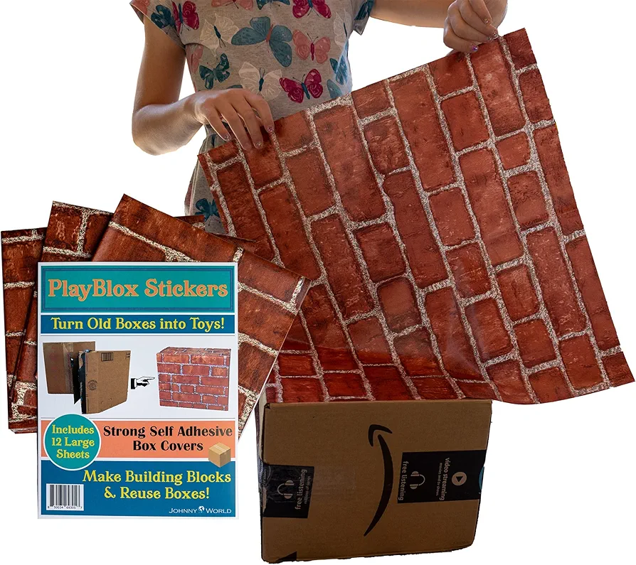 Play Blox - Building Block Stickers for Cardboard Boxes – Reuse Packages and Make your own Toys! 18 Self Sticking Sheets to Build Castles, Forts and Play Houses. Keep Children Entertained for Hours!