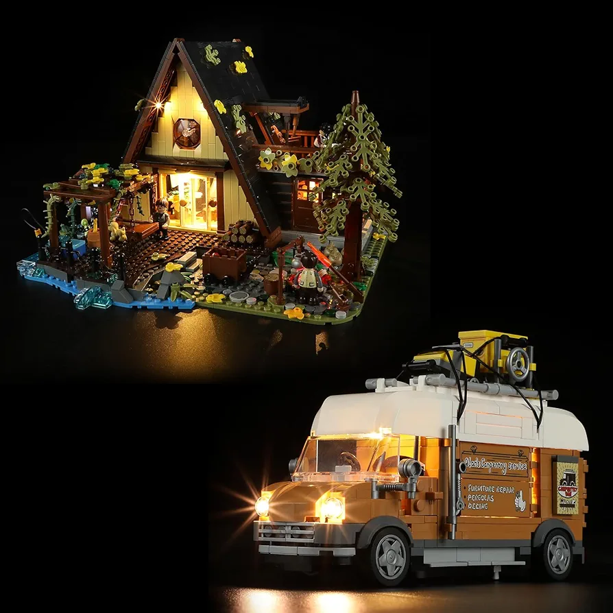 FUNWHOLE Lighting Building Bricks Set A-Frame Cabin and Carpentry Van