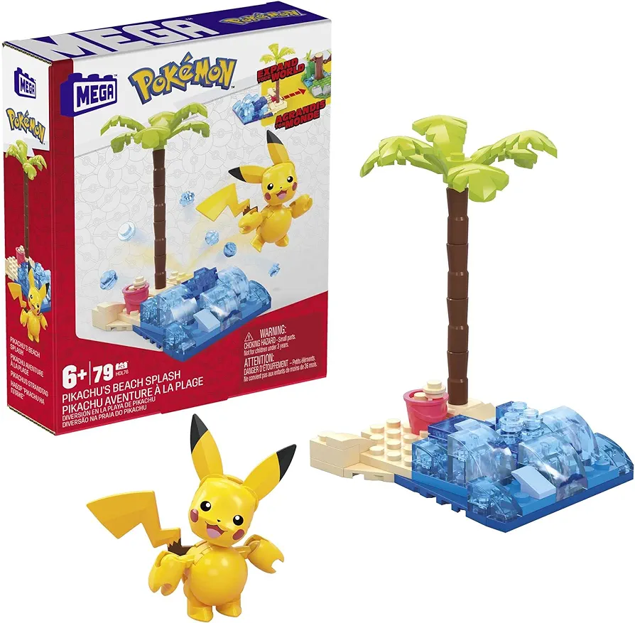 MEGA Pokemon Action Figure Building Toys Set, Pikachu's Beach Splash with 79 Pieces, 1 Poseable Character, Gift Idea for Kids