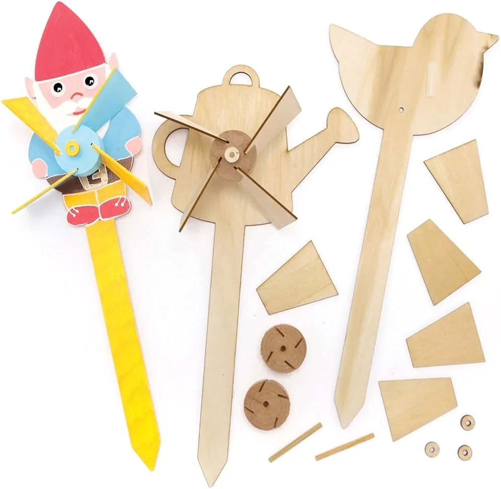 Baker Ross FE516 in The Garden Wooden Windmill Kits - Pack of 4, for Kids Arts and Crafts Projects, Wooden Crafts for Children to Decorate, Personalize and Display