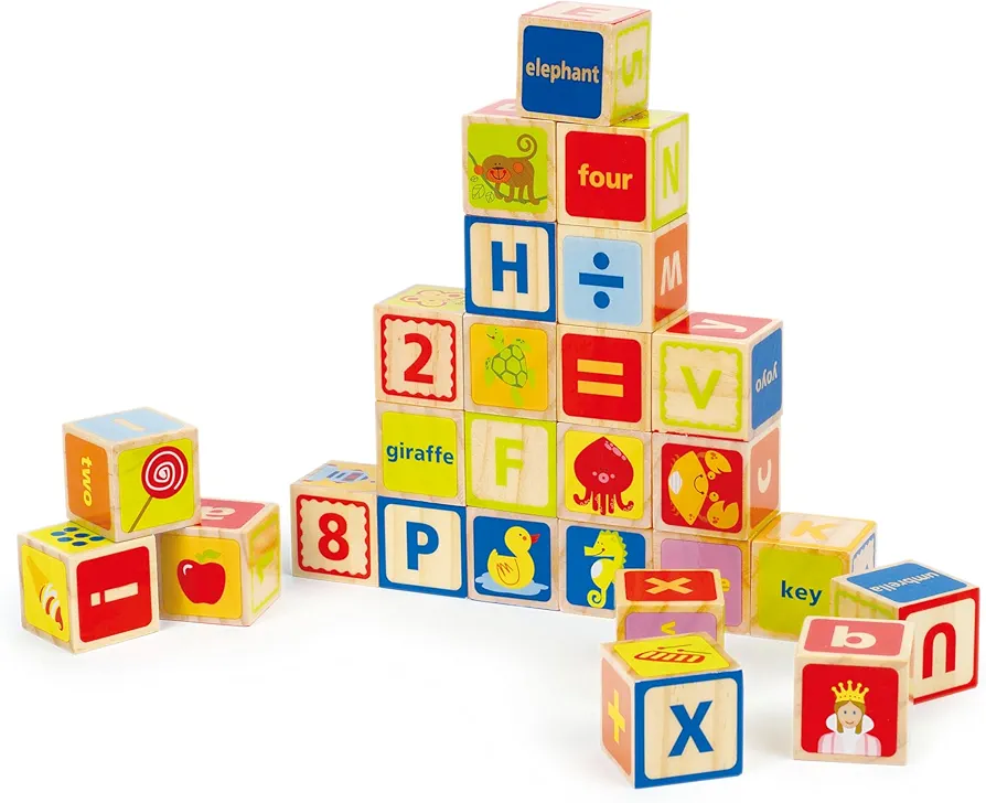 Hape Wooden 26 Pcs Alphabet and Numbers Stacking Blocks with Pictures| Educational Preschool Learning Toys for Toddlers