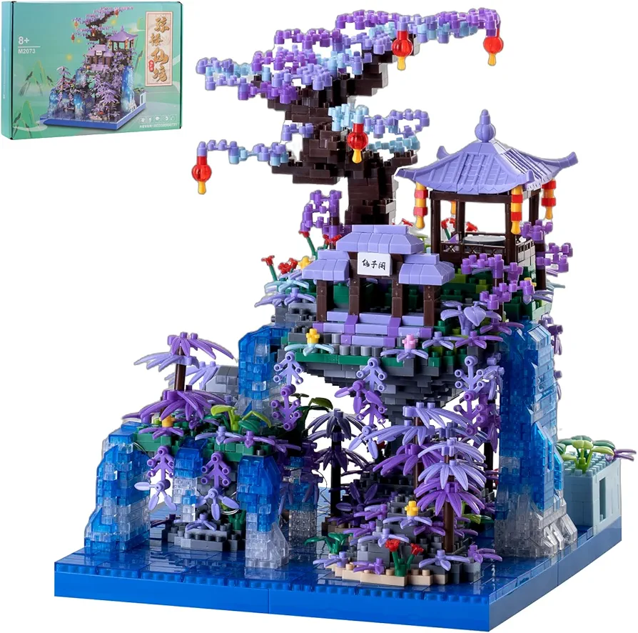 Peach Blossom Pond Japanese Architecture Building Blocks Set for Adults and Kids, Micro Mini Bricks Cherry blossom tree House Building Kit 2500+PCS green