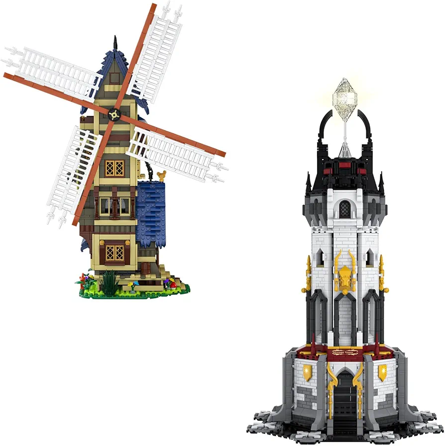 Mould King Architecture Medieval Houses Building Sets, Dutch Windmill & Lightghouse Dark Castle Building Kit for Adults, Medieval Houses Building Toys