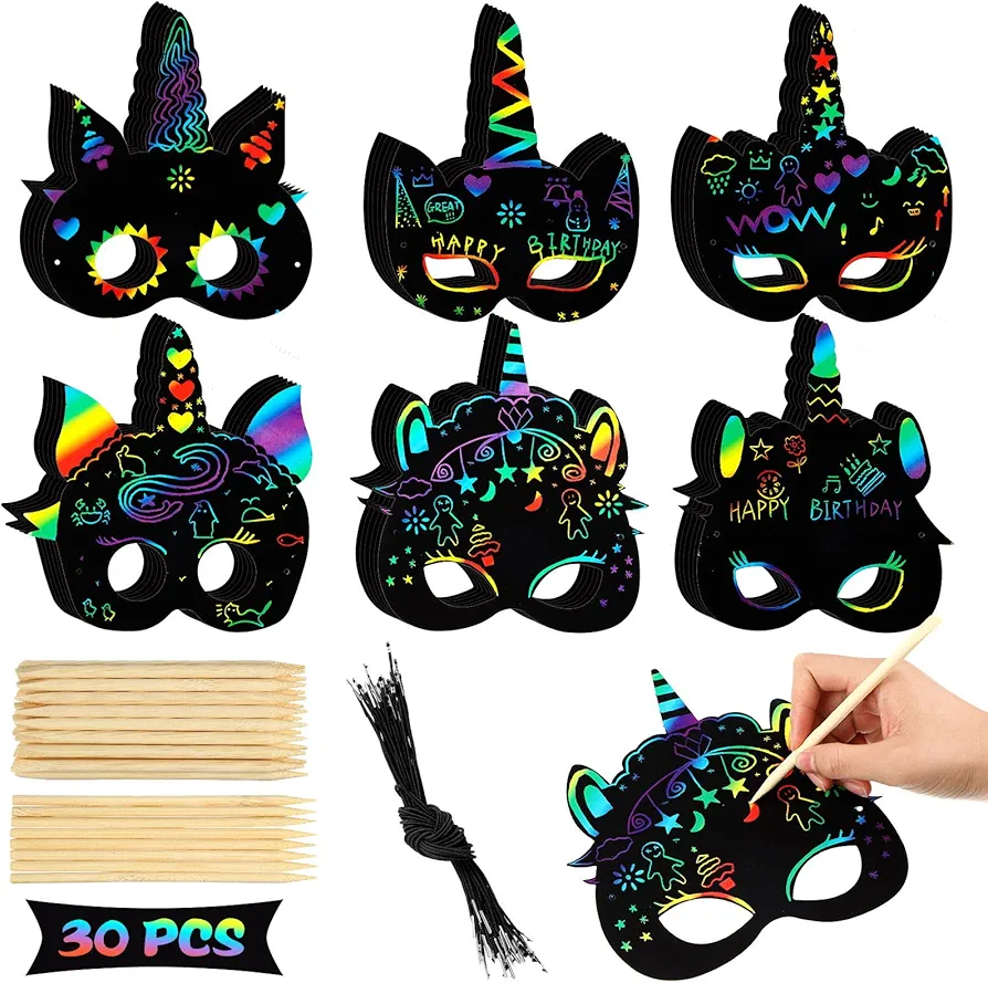 30 Pcs Unicorn Scratch Mask Unicorn Mask Unicorn Party Favors Rainbow Paper Unicorn Art Mask, Wooden Stylus and Elastic Bands Scratchboard Mask Decoration Dress up Costumes for Unicorn Party Supplies