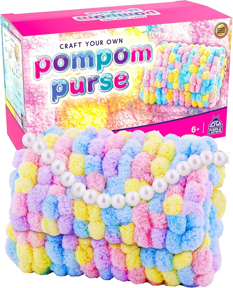 Make Your Own Pom poms Purse Kit - Arts and Crafts for Kids Ages 6-8 Girls, Crafts for Girls Ages 6-8, Gifts for Girls 6 7 8 9 10 year old, Birthday Gifts, Summer Gifts for Girls