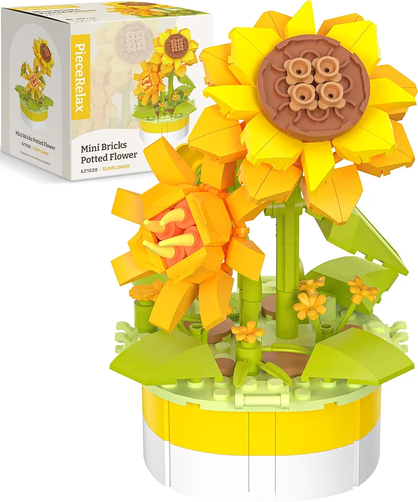 Flower Bouquet Building Decoration Set Artificial Flowers Mini Bricks Potted Sunflower Home Accessories or Best Gift Valentine Décor for Him and Her Botanical Collection for Adults [KZ1028]