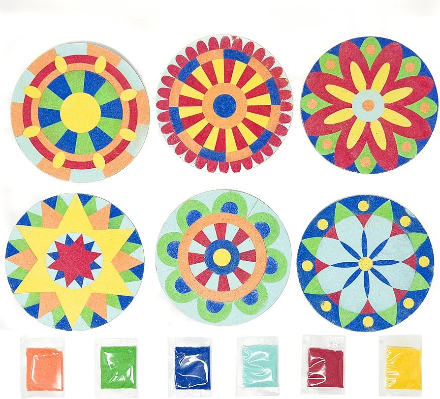 Podzly 24 Sand Painting Mandala Coloring Craft Kits - Mandala Design Pattern Art Made Easy - Create Sand Art Pictures with 6 Colorful Sand Options