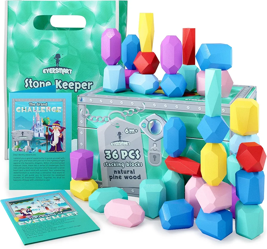 Wooden Stacking Blocks – Montessori Toys for 1 2 3 4 5 6 Year Old Toddlers and Kids, No Choking Hazard – Building Rocks Stones Games, Birthday for Girls and Boys