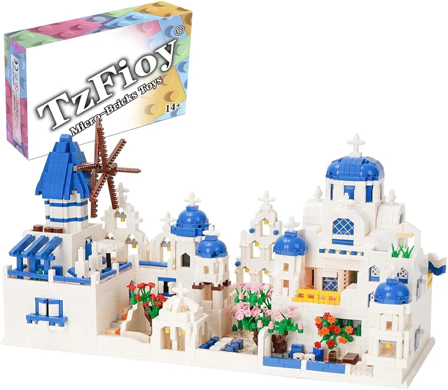 Greece Santorini with 3 Minifigures Building Blocks Set (4310Pcs) Famous World Architecture Educational Toys Micro Bricks for Kids Adults