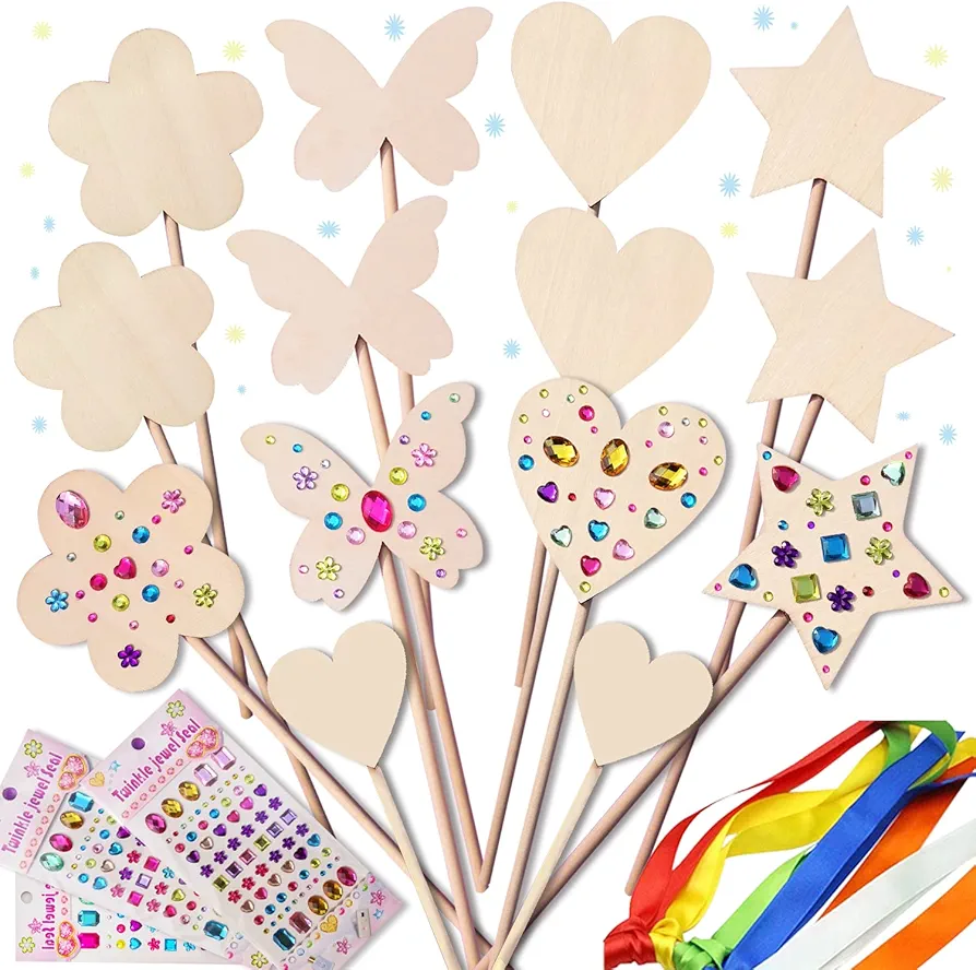 WUBOMJIO Princess Fairy Wands Craft Kit, Kid Birthday Party Supplies Make Your Own Magic Wands Include Unfinished Wooden Fairy Wands, Gem Stickers, Ribbons, Ideal Gift for Kids 6+(14 PCS)