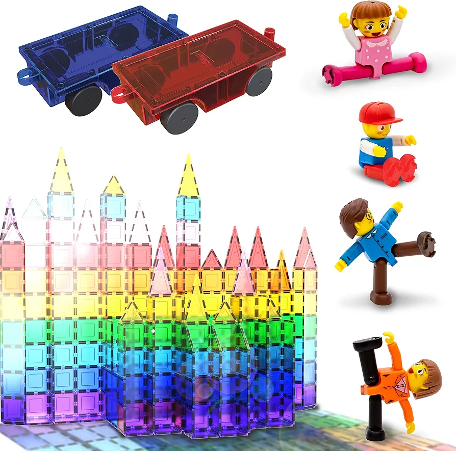 PicassoTiles 60PC Magnet Tiles + 2 Cars + 4 Family People Action Figures Expansion Bundle: STEAM Educational Playset for Creative, Fun and Learning Construction Play, Pretend Play Toy for Kids