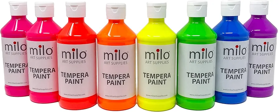 milo Fluorescent Tempera Paint Set of 8 Colors | 8 oz Bottles | Made in the USA | Washable and Non-Toxic Neon Art & Craft Poster Primary Paints for Artists, Kids, & Hobby Painters, Glows UV in Black Light