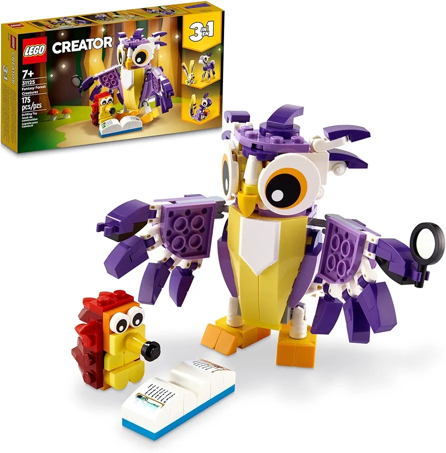 LEGO Creator 3 in 1 Fantasy Forest Creatures, Woodland Animal Toys Set Transforms from Rabbit to Owl to Squirrel Figures, Gift for 7 Plus Year Old Girls and Boys, 31125