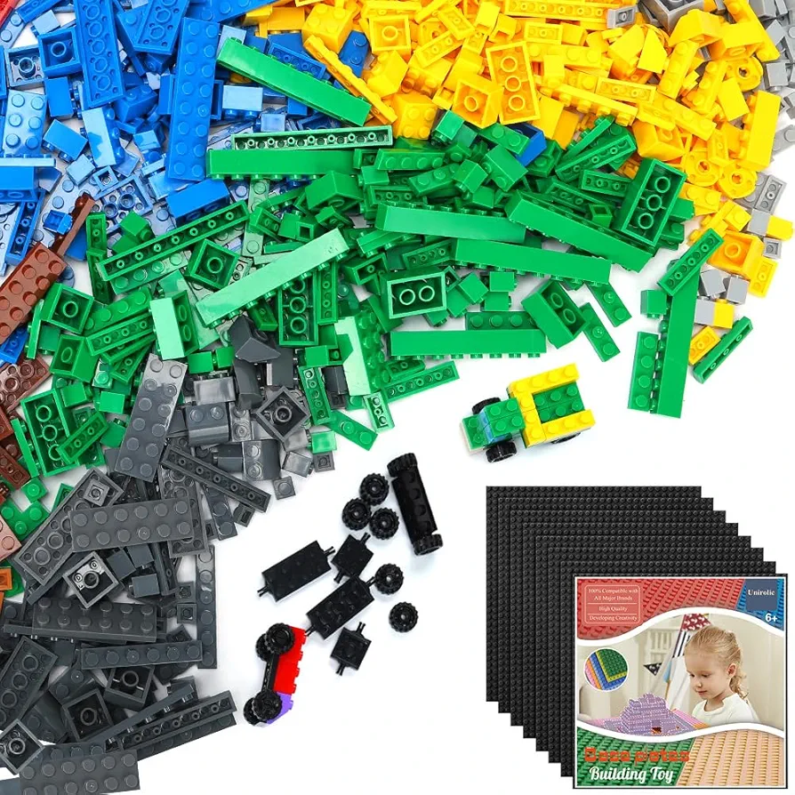 Classic Building Bricks Set with 32x32 Baseplates, 1546 Pieces Basic Building Blocks with Wheels, STEM Creative Toys with 8 Pack of Black Color Baseplate