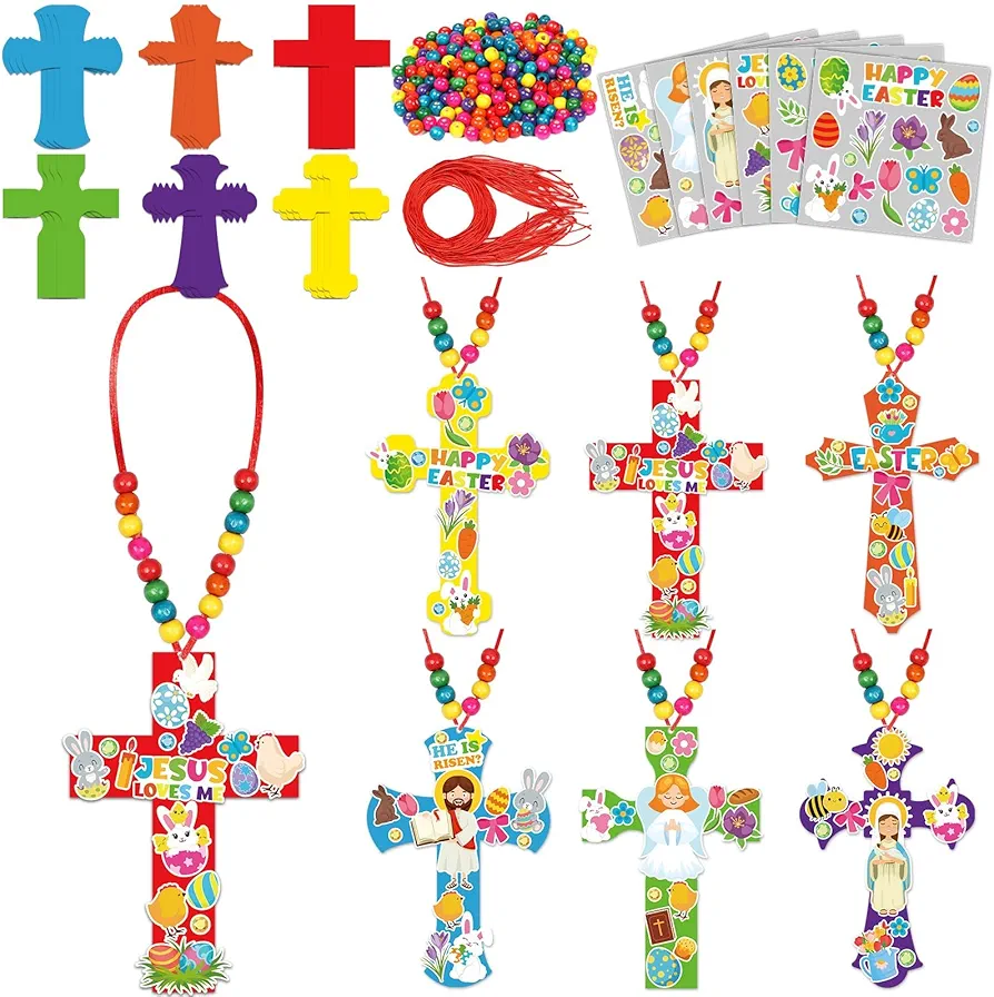 30 Set Religious Crosses Craft Kit for Kids Cross Necklaces Beads Ornaments DIY Sticker Arts Crafts Make You are Hanging Religious Decor Supplies for Sunday School Christian Favors