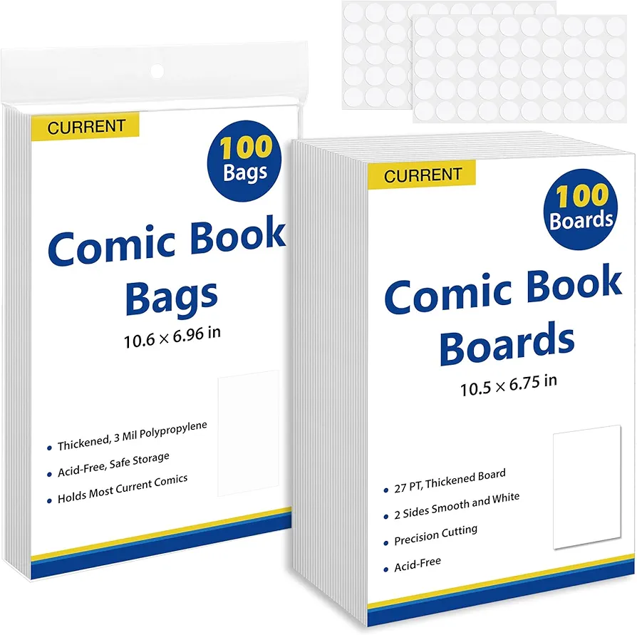 Current Comic Book Bags and Boards 100 Comic Book Sleeves and 100 Comic Book Boards, Acid-Free Clear Comic Book Storage, Comic Book Backing Boards 27 pt, Thick and Coated Comic Backing Board