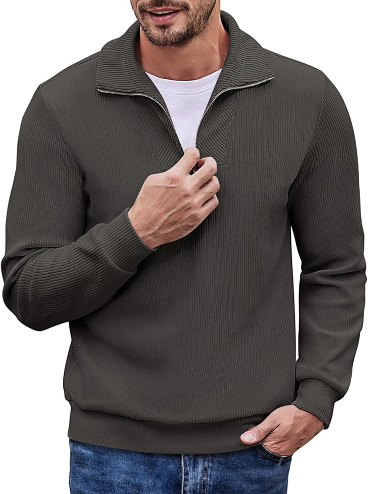 COOFANDY Men's Quarter Zip Up Pullover Slim Fit Mock Neck Long Sleeve Sweaters Casual Corduroy Polo Sweatshirt