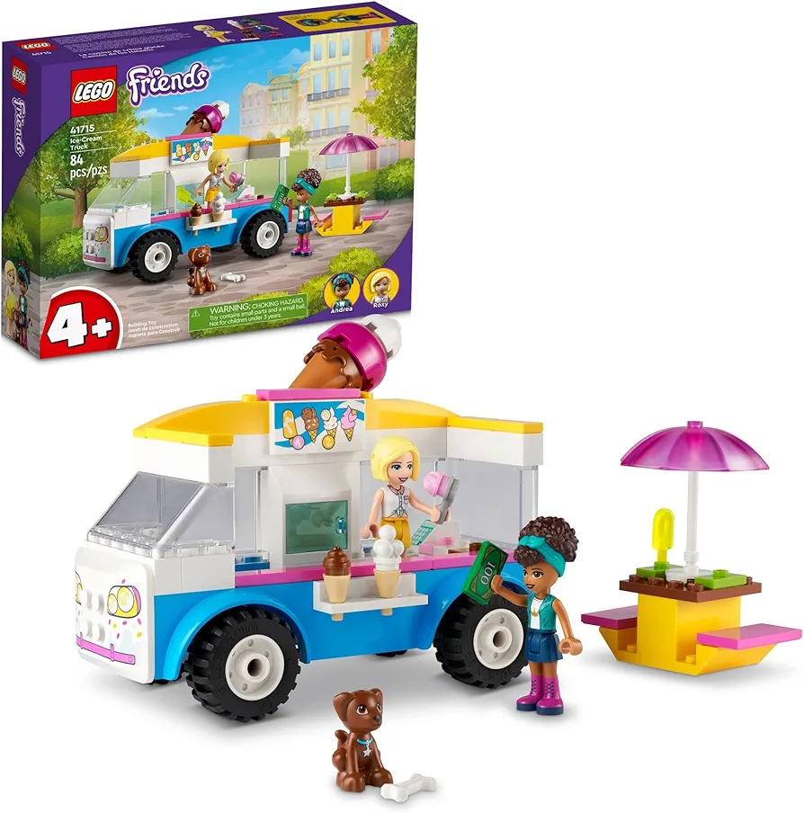 LEGO Friends Ice-Cream Truck Building Toy Pretend Play Gift for Kids Girls Boys Ages 4 and Up, Featuring Toy Van, Andrea & Roxy Mini-Dolls, Toy Dog and Accessories, 41715