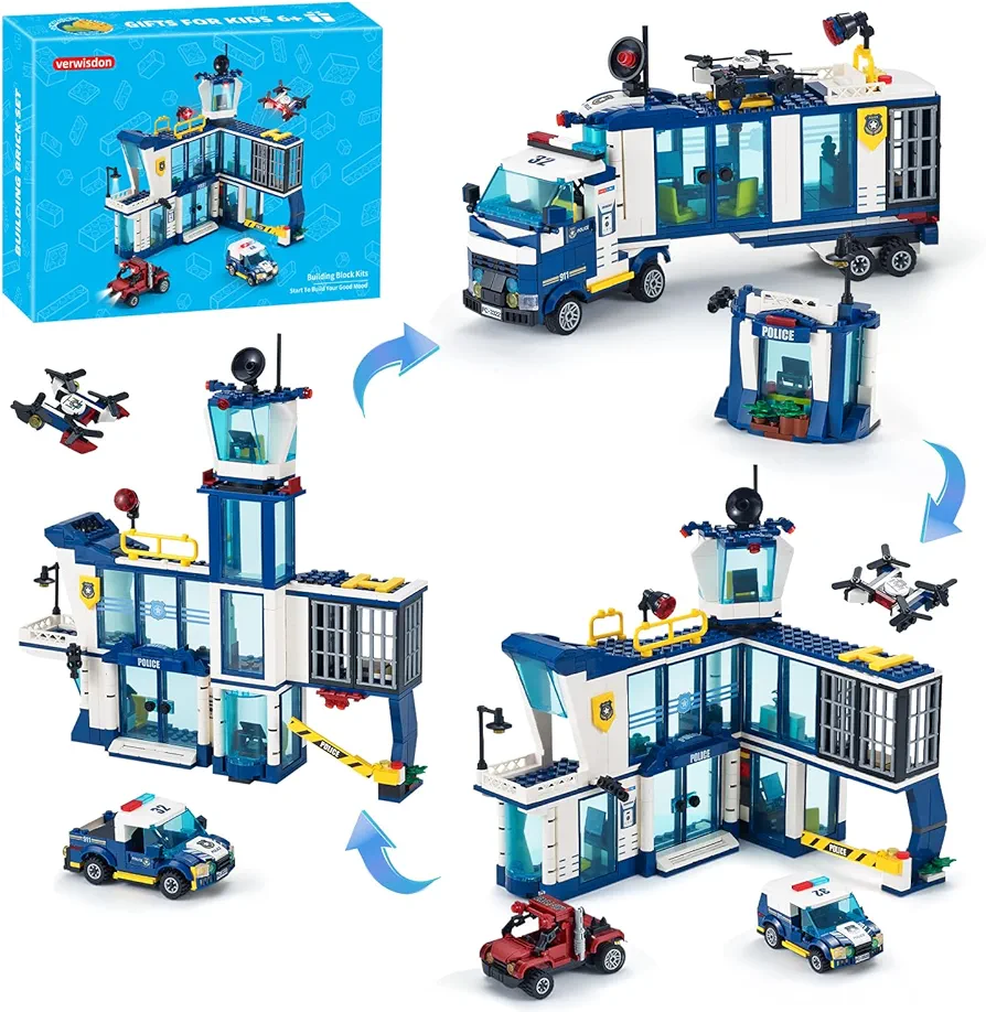 City Police Station Building Sets, 3 in 1 Police Building Bricks Kit with Police Car, Bandit Car, Drone,Gift for Boys 6-12 (FC3322)