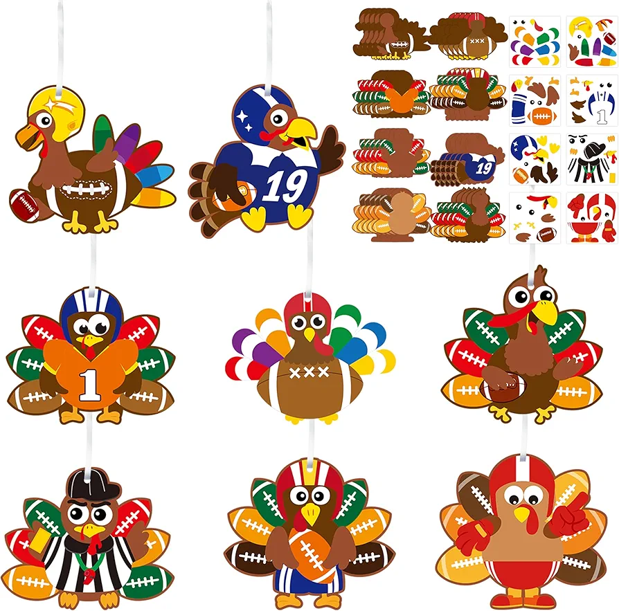 WATINC Thanksgiving Craft Kit for Kids - 123pcs Turkey Hanging Ornaments DIY Football Sticker Crafts with String, Fall Autumn Thanksgiving Home Classroom Game Activities Party Favors Tree Decoration