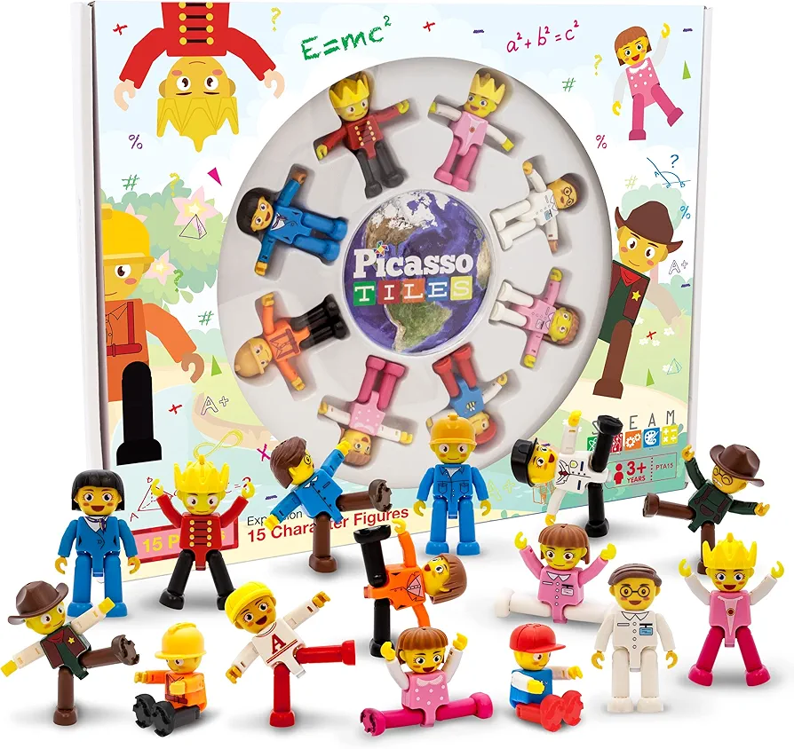 PicassoTiles 15-Piece Magnetic Character Action Figures Add-on Set for Construction Building Block Tiles