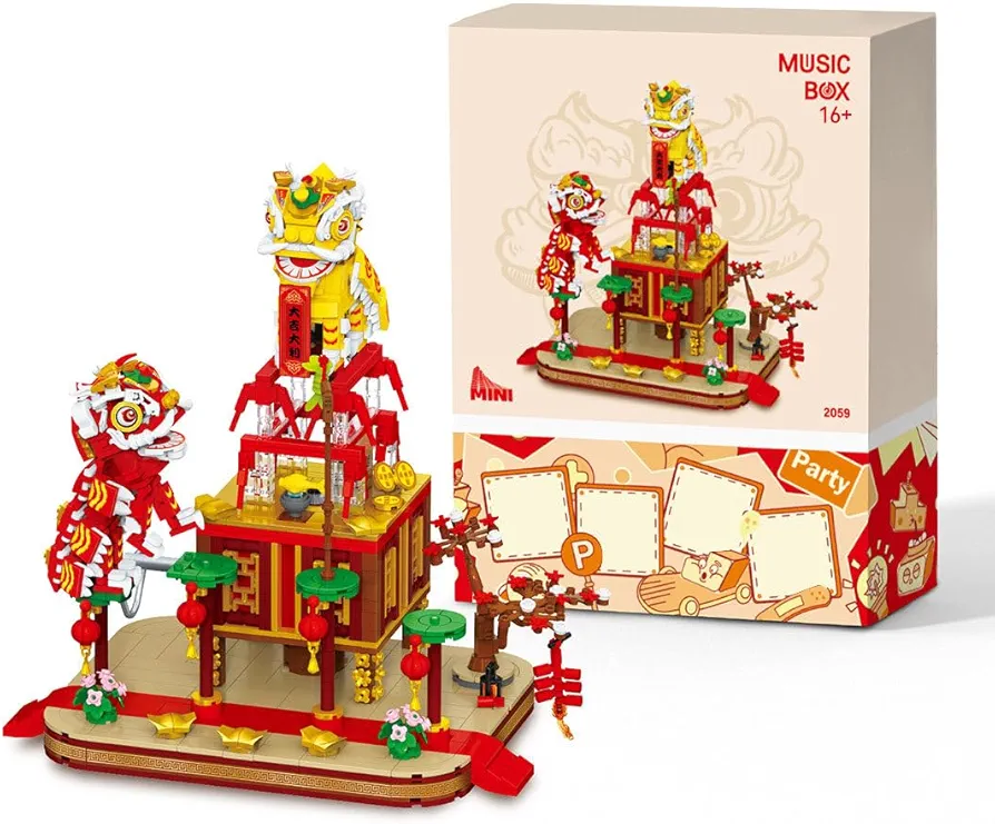 Lion Dancing Music Box Model - Chinese Traditional Lion Dancing Music Box MOC Micro Bricks Building Blocks Toys Set Great Gift for Kids and Adults (1325PCS)