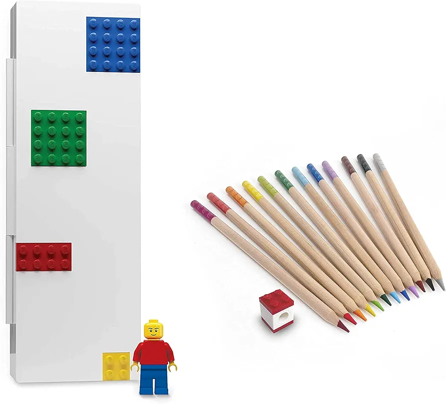 Lego Stationery 12 Pack Colored Pencil & Pencil Box with Minifigure Bundle