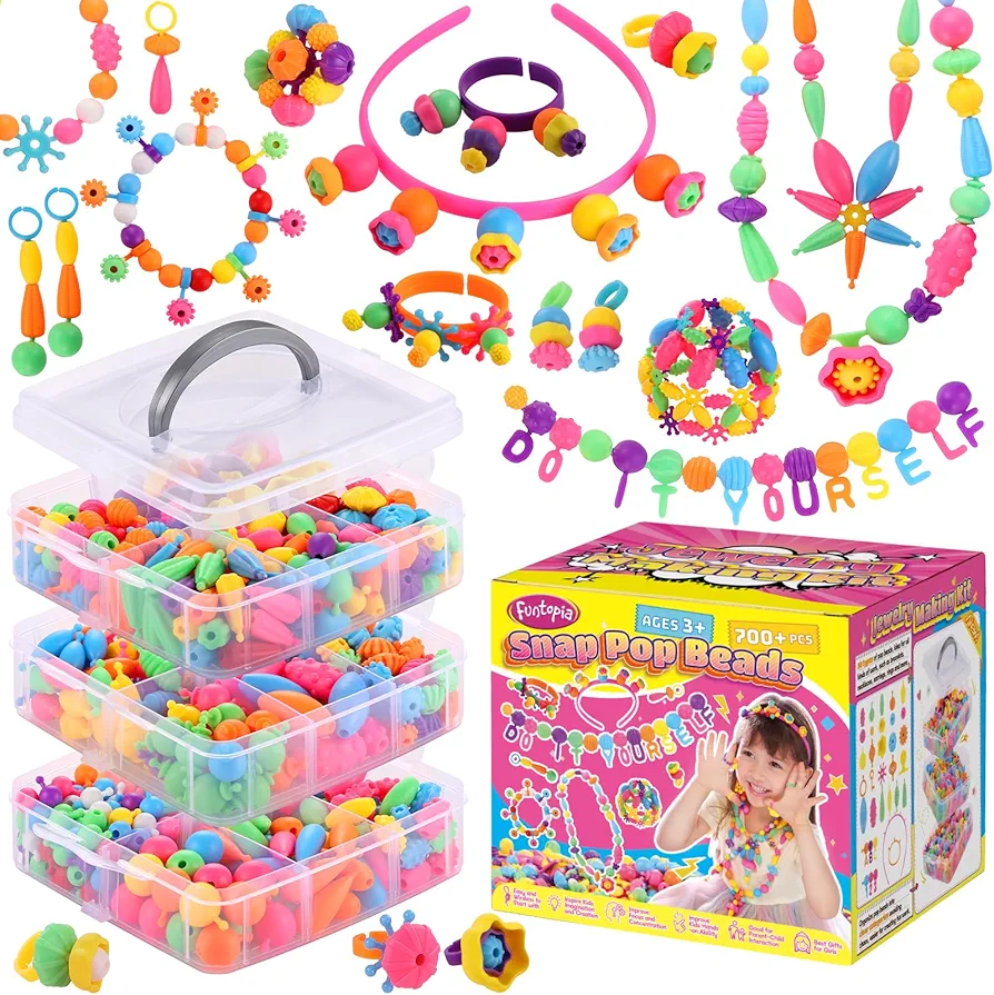 Funtopia Pop Beads, 700+ Pcs Arts and Crafts for Kids 4-6, Snap Beads DIY Bracelet Necklace Ring Anklet Set, Birthday Party Creativity Toys for Girls Toddlers Ages 3 4 5 6 (X-Large)