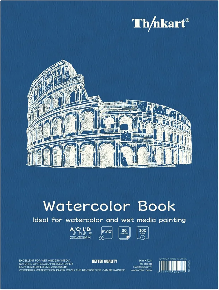 Thnkart Watercolor Paper Pad, 30 Sheets, 9"x12", 140lb (300gsm), Glue Bound, Acid-Free Cold Pressed Watercolor Paper, Art Supplies for Watercolor Techniques and Mixed Media