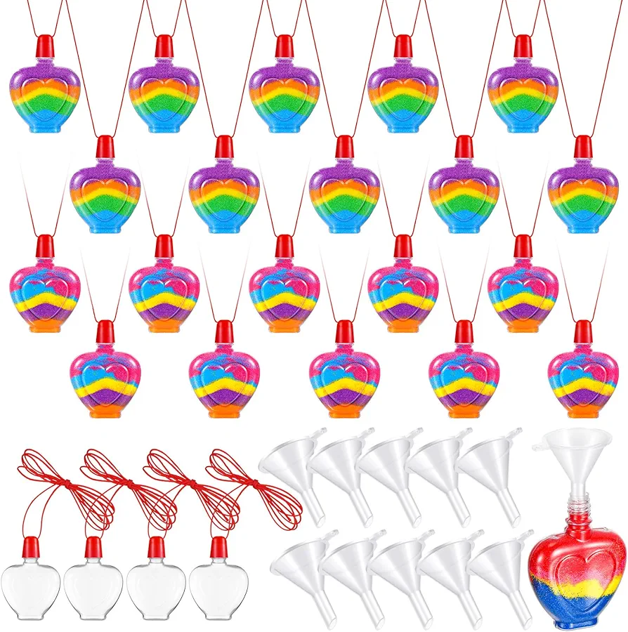 100 Pcs Heart Sand Art Bottle Necklaces Sand Art for Kids DIY Art Activity Group Included 10 Pcs Small Clear Plastic Mini Funnels Valentines Day Gift Valentine Party Favor, Sand Not Included