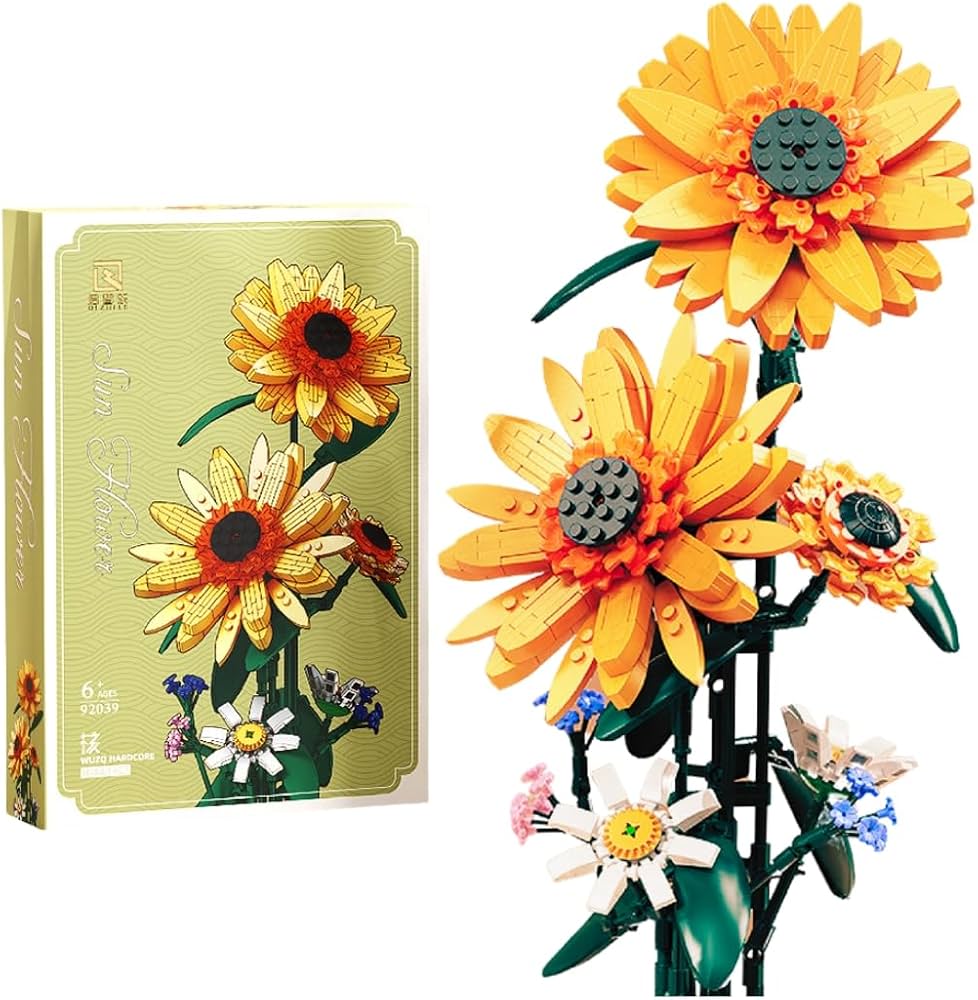 Sunflower Building Blocks Set, 821 Pcs, Includes Vase, Home Decor & Creative Gifts, Flower Bouquet Building Bricks Kit, Artificial Flowers for Adults and Kids, Compatible with Major Brands