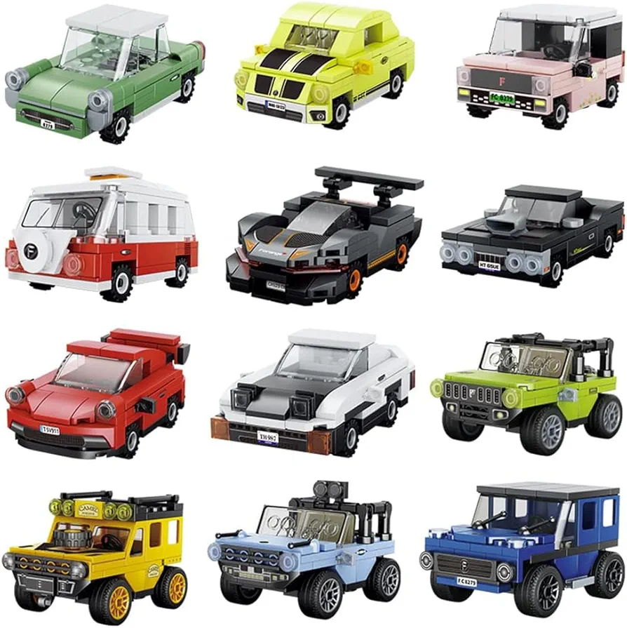 12 Packs Mini City Vehicles Building Blocks Toy Set Pull Back Car Building Kits for Kids Age 6+ Mini Cars Building Toy Classroom Prizes Birthday Gifts for Boys Girls 1090 Pieces