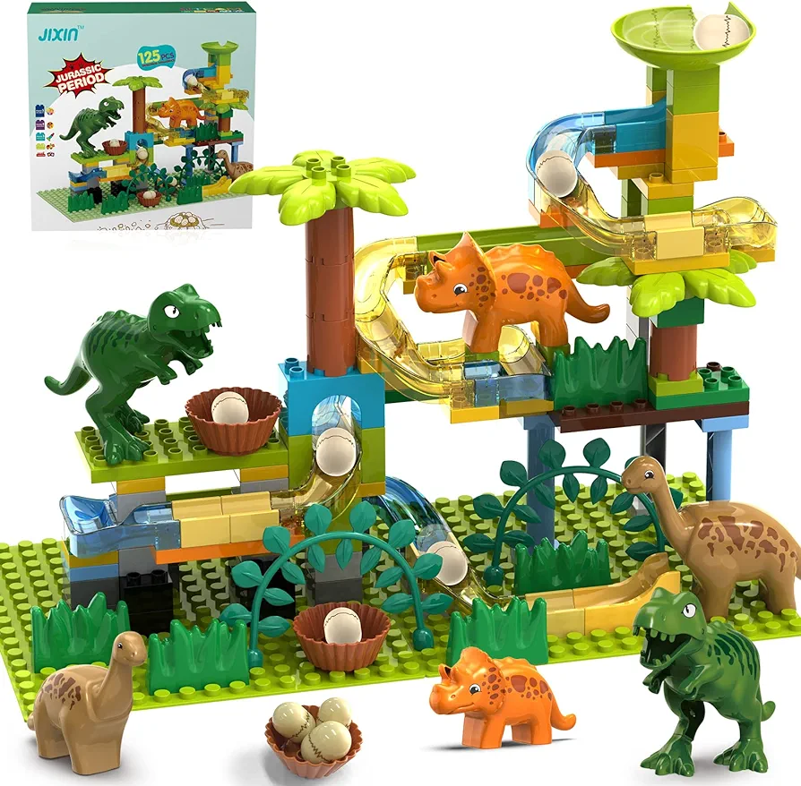 JIXIn Dinosaur Marble Run Building Blocks/Compatible with LEGO DUPLOs for age 2-5/Toddler Marble Maze Race Track/with 125 PCS Classic Big Blocks Montessori Learning STEM Toys for Kids Age 3 4 5 6 7 8+