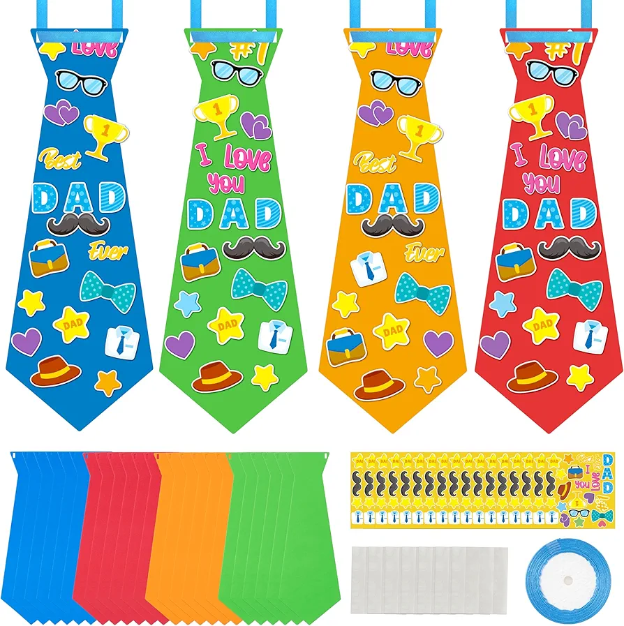 WATINC Father’s Day Tie Craft Kit - 24Pcs Foam Tie Craft for kids, DIY I Love You Dad Craft Gifts, Make Your Own Father's Day Necktie for School Classroom Fun Activities Home Party Favor Supplies