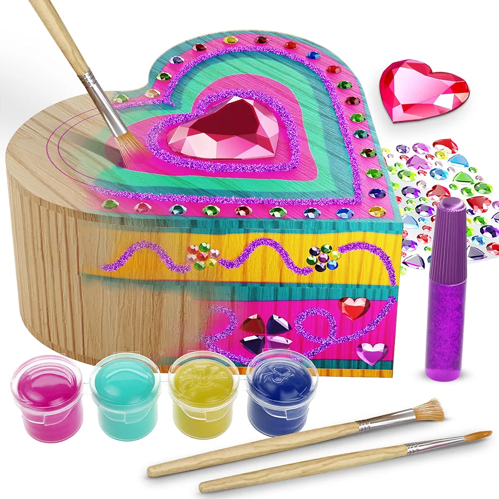 Paint Your Own Wooden Kids Heart Treasure Box Kit - Art Kits for Toddler Girl - Arts and Craft Easter Gifts for Ages 4-6 Year Old Girls - DIY Jewelry Box Toys - Crafts Painting Projects Gift