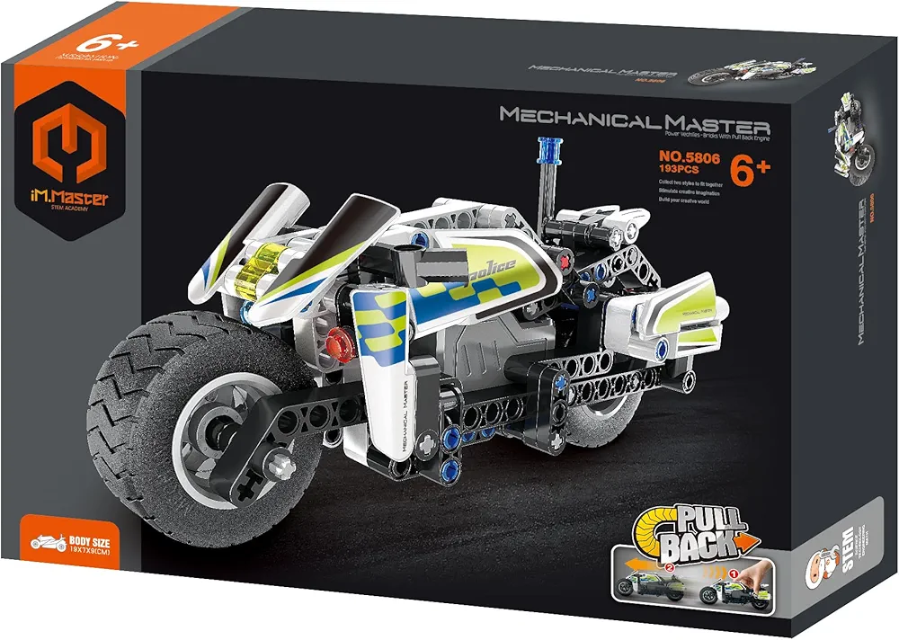 STEM Car Toy Building Toy Gift for Age 6+, Pull-Back Police Motorbike Building Block Take Apart Toy, 193 Pcs DIY Building Kit, Learning Engineering Construction Toys