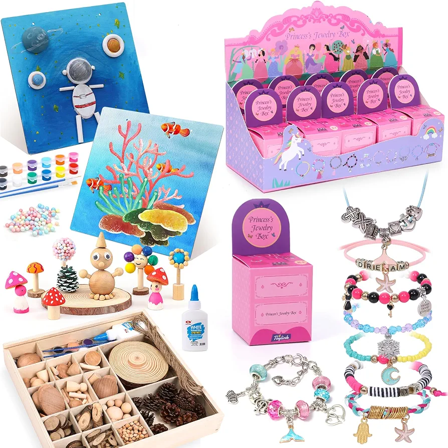 Toylink 10 Set Charm Bracelet Making Kit & Wooden Craft Kit for Kids-Make your Own Art and Craft Supplies, Birthaday Gift Favors for boys Girls 4-8