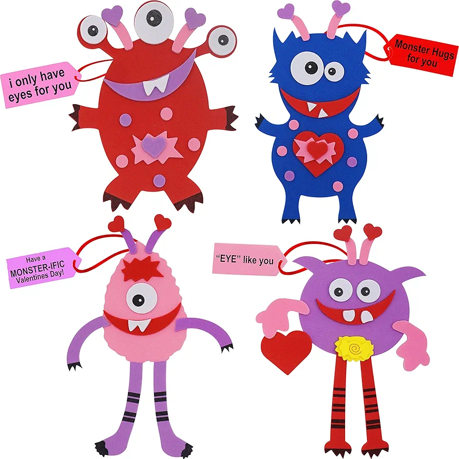 4E's Novelty Valentines Monster Craft Ornament (12 Pack) Foam Valentines Day Crafts for Kids Classroom DIY Card Activity Bulk - Individually Wrapped