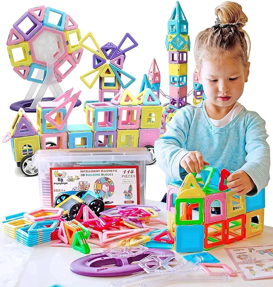 Magnetic Blocks Castle Building Toys Intelligent 3D STEM Educational Game for Kids Toddlers Boys Girls Magnet Tiles Set 114 Pc Best Gifts for Kids, Multicolor